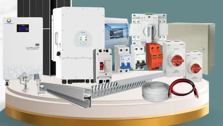 Typical hybrid package components: solar panels, hybrid inverter, lithium battery, breakers, isolators, enclosure, mounting rails and cables